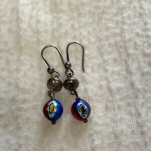 Vintage 925 Sterling Silver Italy Millefiori Dangle Earrings